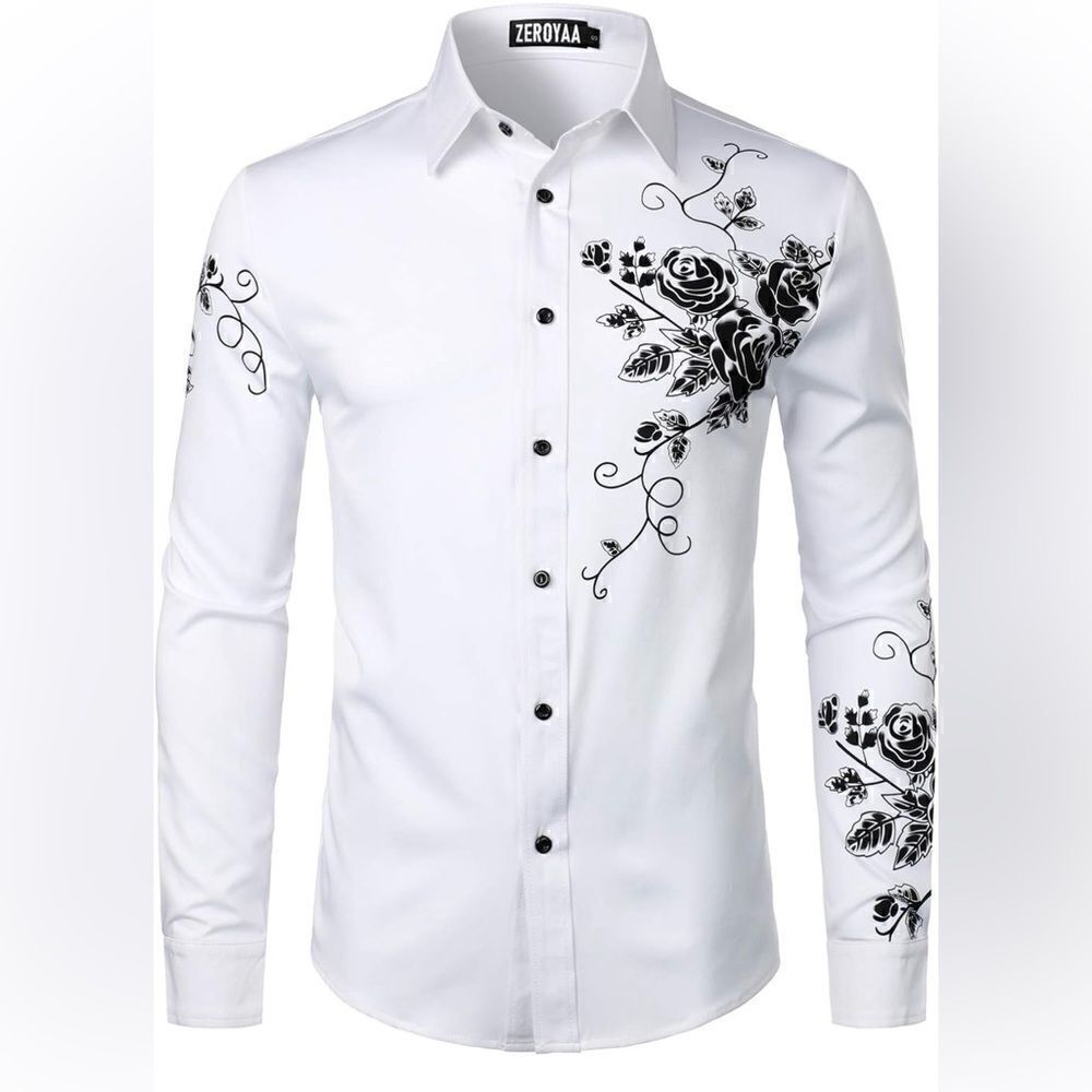 ZEROYAA Men's Rose Floral Printed Slim Fit Long Sleeve Button Up Dress Shirts
